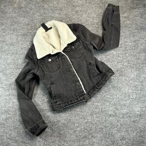 Jou Jou Womens XS Black Denim Sherpa Lined Trucker Jacket Cropped